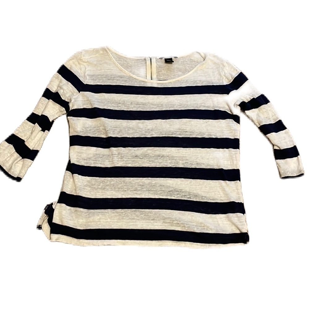 H&M Blue and White Striped 100% Linen 3/4 Sleeve Top Zip Up Back Women's Large